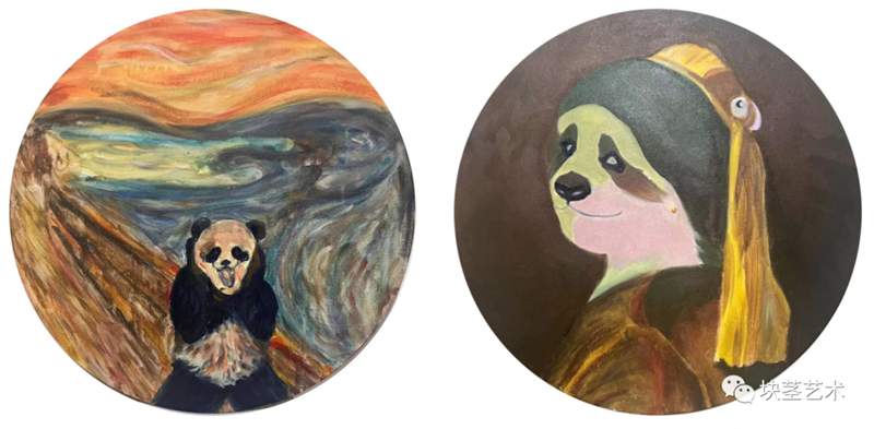 从左到右  何红英《尖叫的潘哒》《戴耳环的潘哒》布面丙烯 直径50cm3.png
