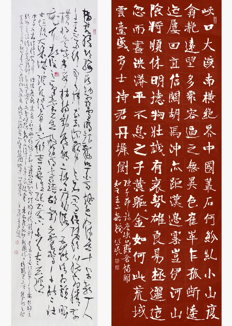 左  李白诗《侠客行》草书单条  136cm×34cm             右  陈子昂诗《度峡口赠乔补阙知之王二无竞》楷书单条    136cm×53cm.jpg